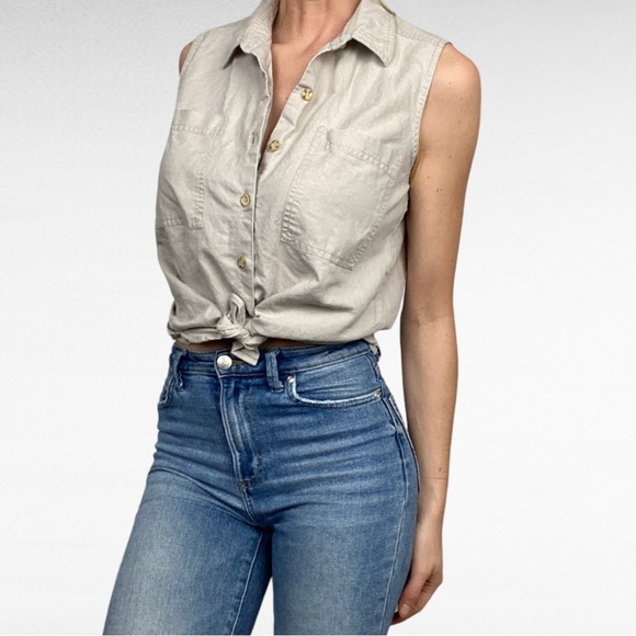 VINTAGE | Carol Horn Workshop Light Taupe Natural Linen Blend Sleeveless Shirt - Picture 4 of 8